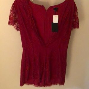 NBD lace romper deep V cranberry red